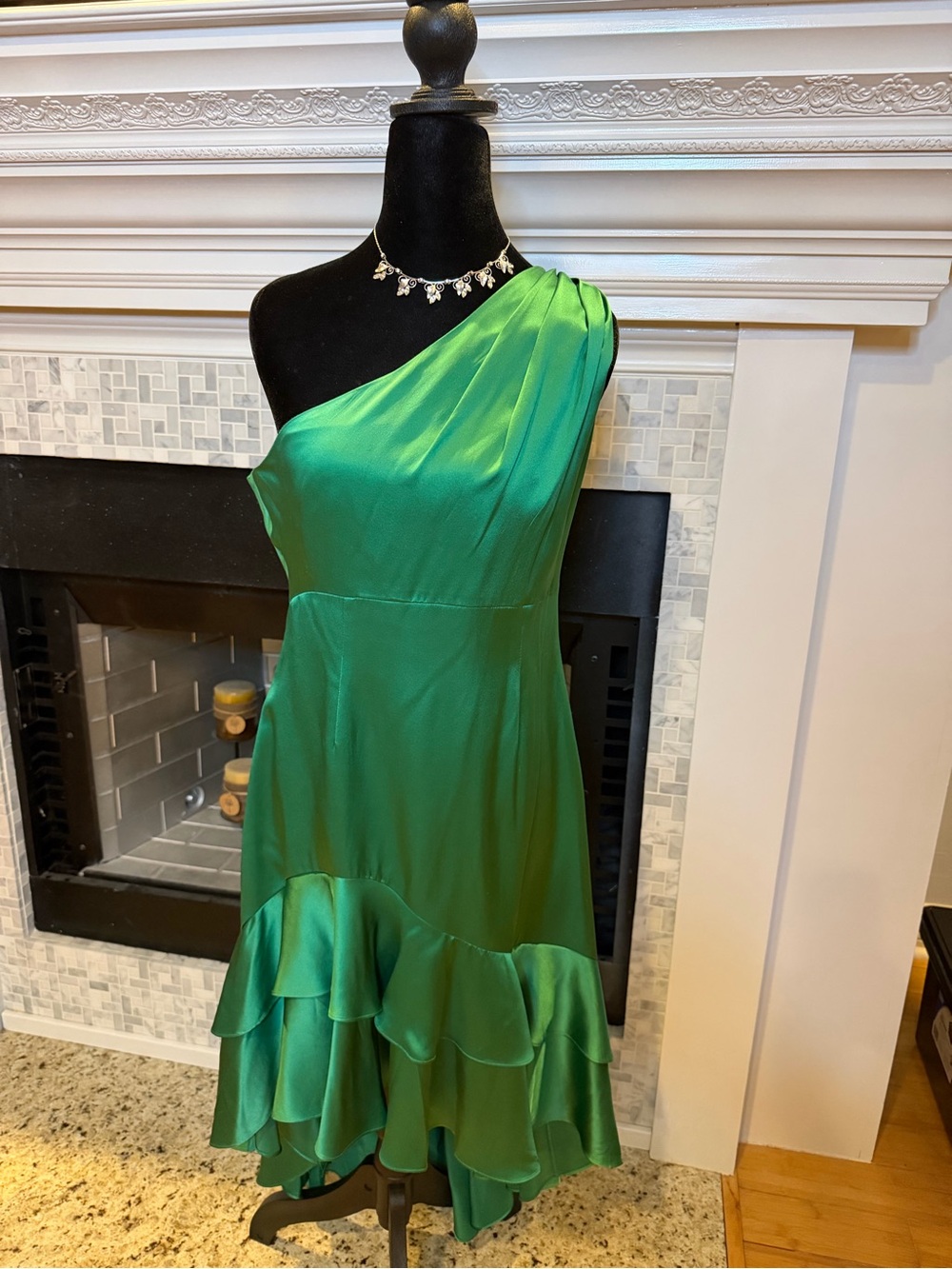Cinq a Sept One-Shoulder Emerald Green Ruffle Dress